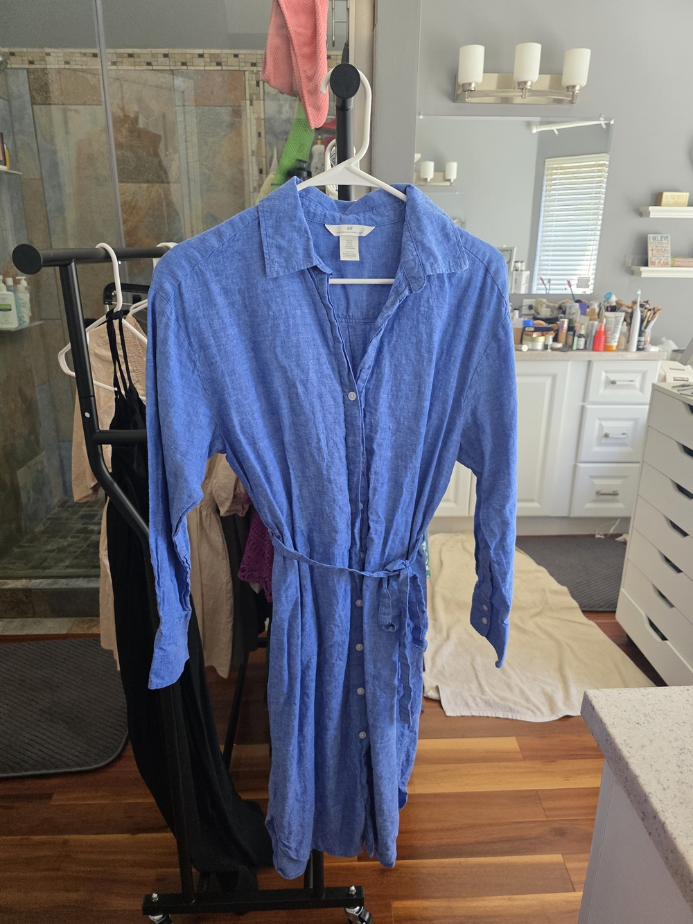H&M Blue Long-Sleeve Button-Front Shirt Dress with Tie Belt